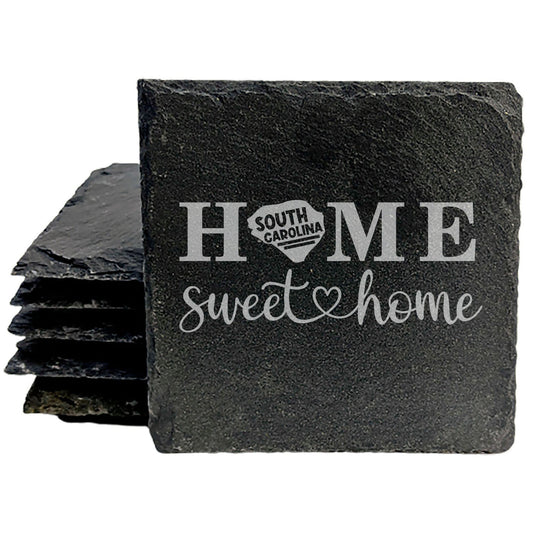 Rustic Slate Coasters Set of 4, Round 4" with 'HOME SWEET HOME' South Carolina Design, Perfect Gift for Holidays, Birthdays, Housewarming, She-Shed, Man Cave, Made in Oregon, USA, Natural Edge