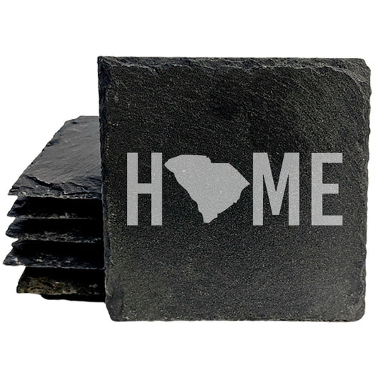 Rustic Slate Coasters Set of 4, Laser Etched 'HOME' Design with South Carolina, 4" Round, Natural Chipped Edge, Rubber Feet, , Perfect for Holidays, Birthdays, Housewarming, USA Made