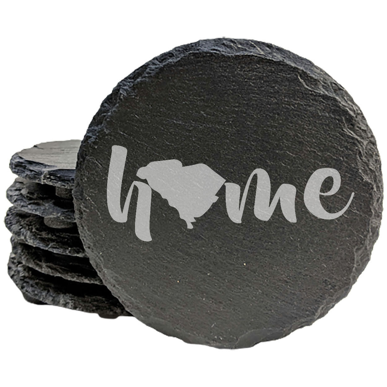 Rustic Slate Coasters Set of 4 - Laser Etched 'Home' Design with South Carolina State - Perfect Gift for Holidays, Birthdays, Housewarming - 4" Round/Square - Made in Oregon, USA - Natural Edge