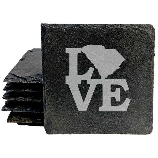 Rustic Slate Coasters Set of 4, Round 4" with 'LOVE' South Carolina Design, Perfect for Holidays, Birthdays, Housewarming Gifts, She-Shed or Man Cave, Made in Oregon, USA, Natural Chipped Edge
