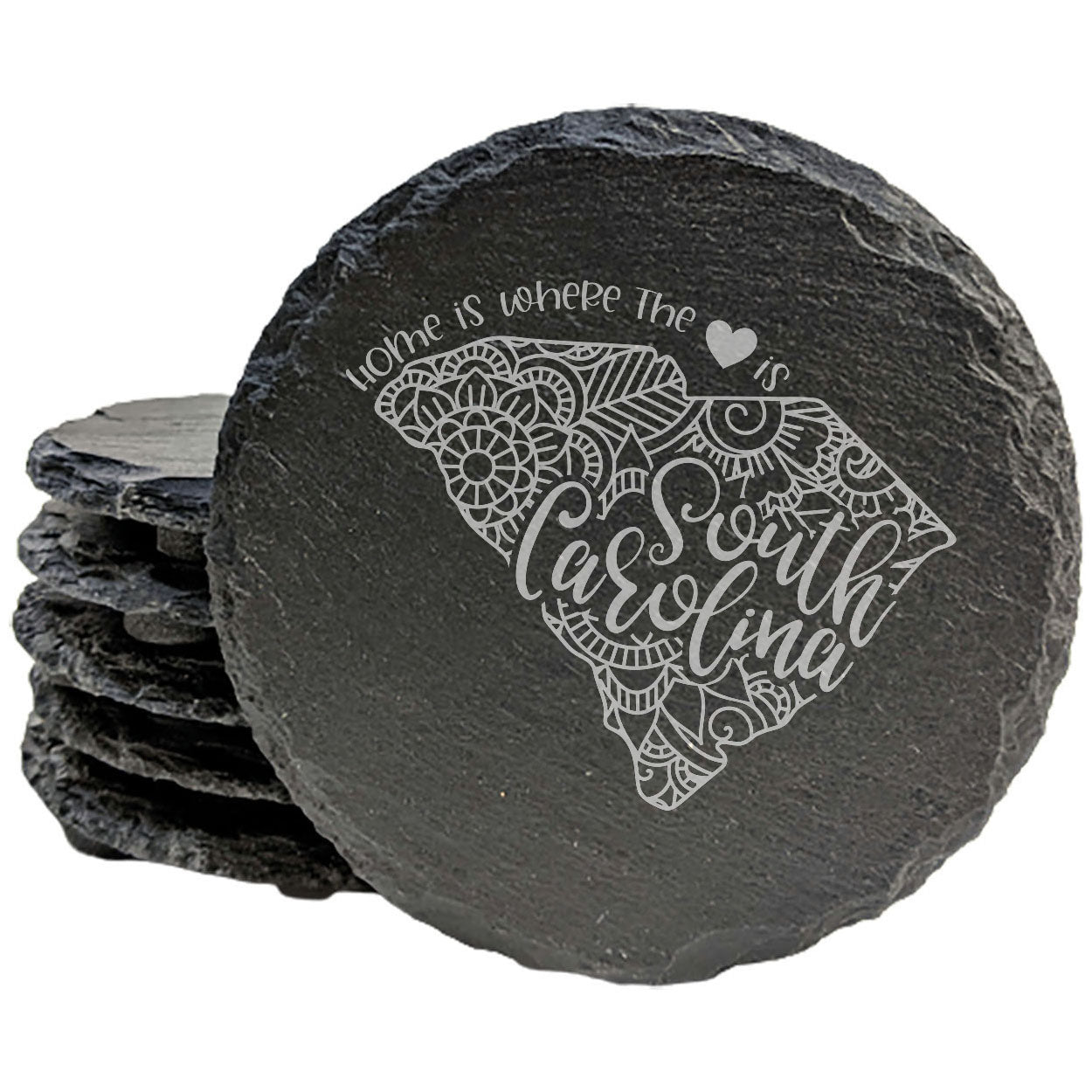 Rustic Slate Coasters Set of 4, Round 4" with South Carolina Mandala Design, 'Home is Where the Heart Is' Quote, Perfect Gift for Holidays, Birthdays, Housewarming, Made in Oregon, USA