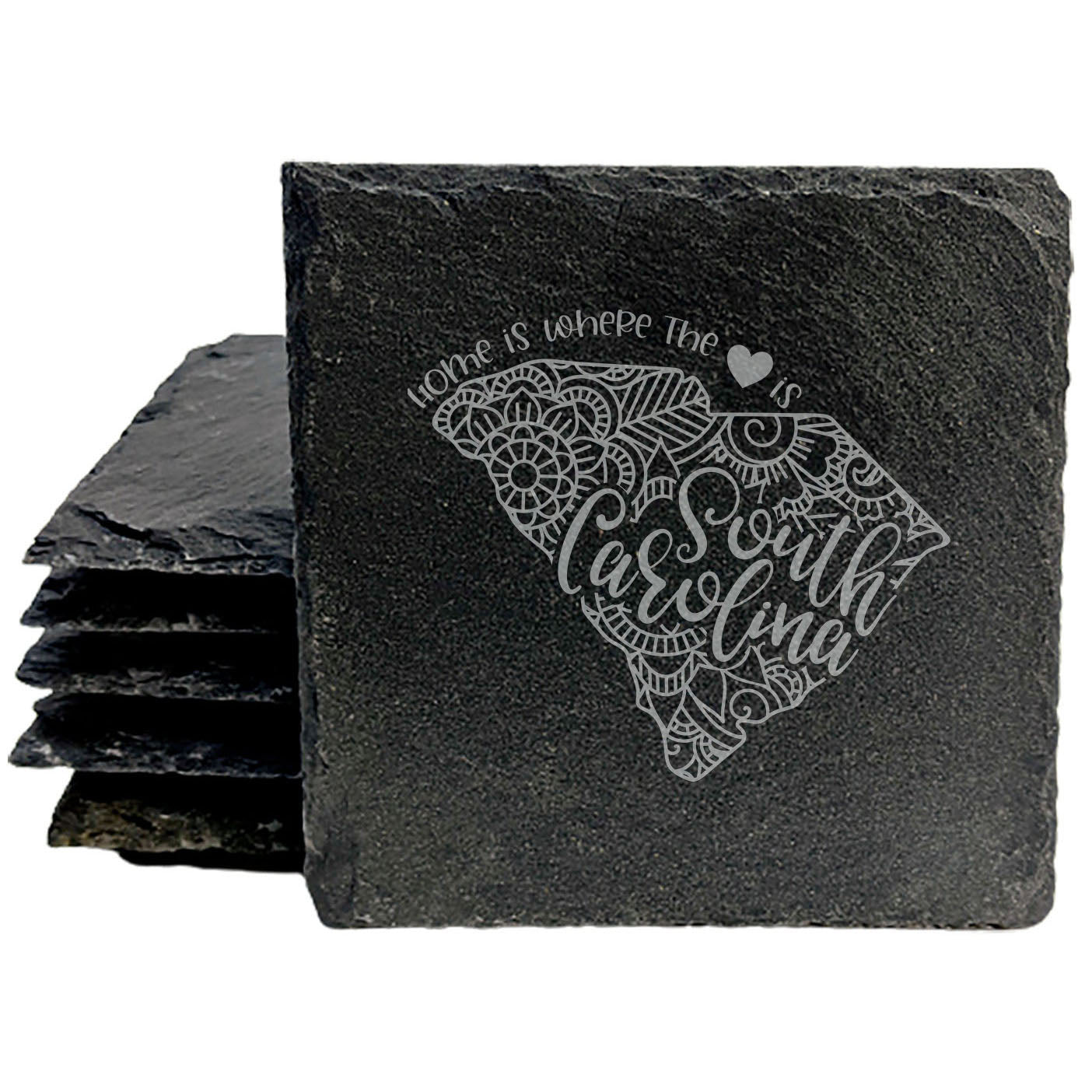 Rustic Slate Coasters Set of 4, Round 4" with South Carolina Mandala Design, 'Home is Where the Heart Is' Quote, Perfect Gift for Holidays, Birthdays, Housewarming, Made in Oregon, USA