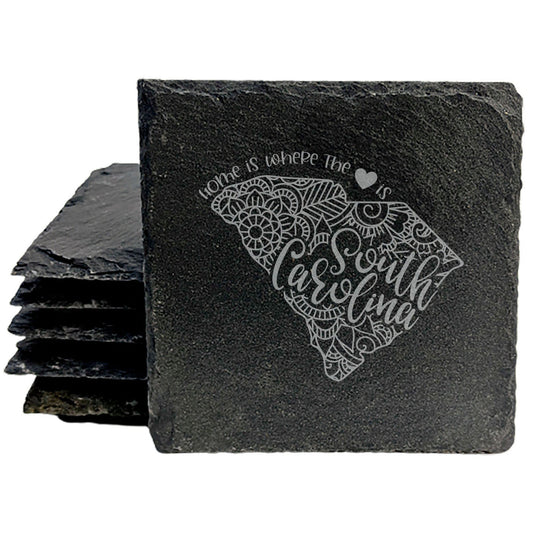 Rustic Slate Coasters Set of 4, Round 4" with South Carolina Mandala Design, 'Home is Where the Heart Is' Quote, Perfect Gift for Holidays, Birthdays, Housewarming, Made in Oregon, USA