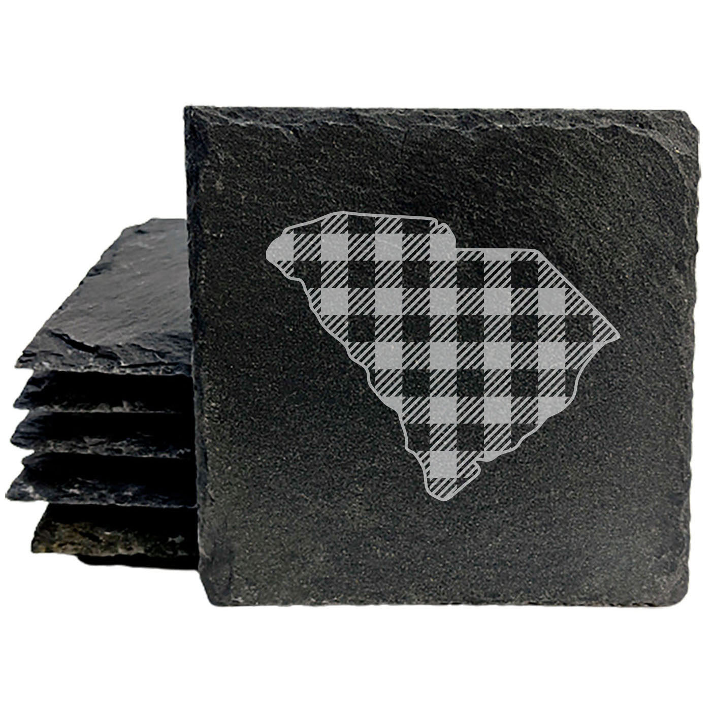 Rustic Slate Coasters Set of 4, Round 4" with South Carolina Plaid Design, Perfect for Holidays, Birthdays, Housewarming Gifts, She-Shed or Man Cave, Made in Oregon, USA, Natural Chipped Edge