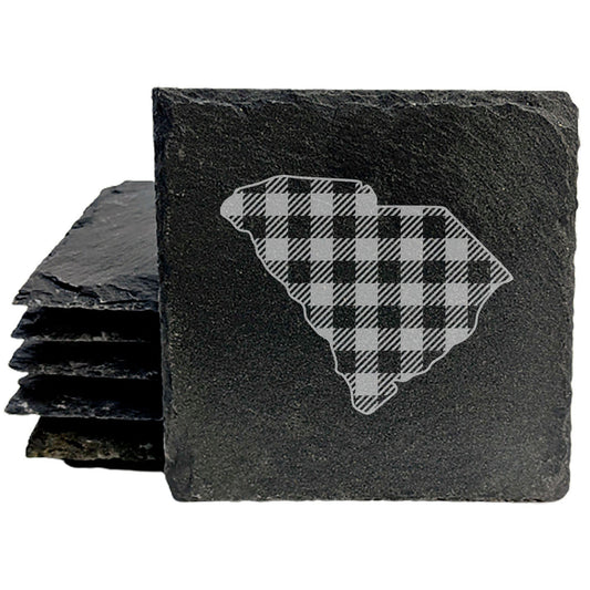 Rustic Slate Coasters Set of 4, Round 4" with South Carolina Plaid Design, Perfect for Holidays, Birthdays, Housewarming Gifts, She-Shed or Man Cave, Made in Oregon, USA, Natural Chipped Edge