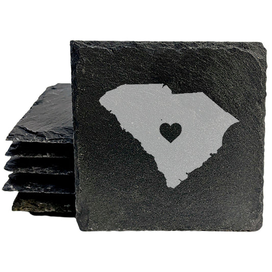 Rustic Slate Coasters Set of 4, Round 4" with South Carolina Heart Design, Perfect for Holidays, Birthdays, Housewarming Gifts, She-Shed or Man Cave, Made in Oregon, USA, Natural Chipped Edge