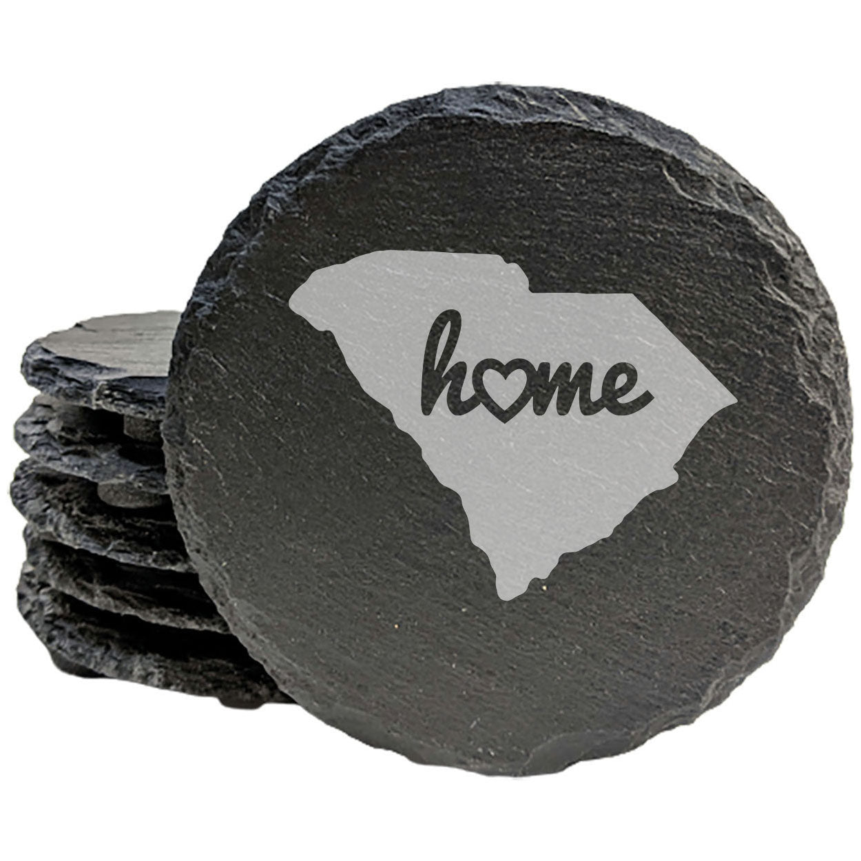 Rustic Slate Coasters Set of 4, Round 4" with South Carolina 'Home' Heart Design, Perfect for Holidays, Birthdays, Housewarming Gifts, She-Shed or Man Cave, Made in Oregon, USA, Natural Edge