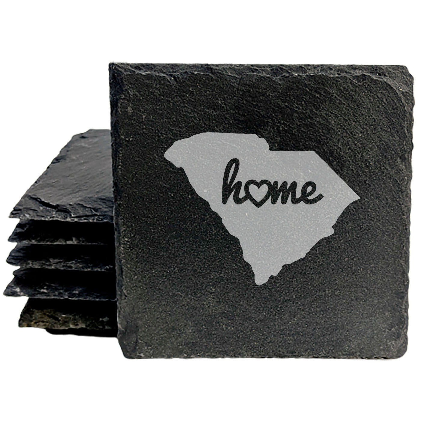 Rustic Slate Coasters Set of 4, Round 4" with South Carolina 'Home' Heart Design, Perfect for Holidays, Birthdays, Housewarming Gifts, She-Shed or Man Cave, Made in Oregon, USA, Natural Edge