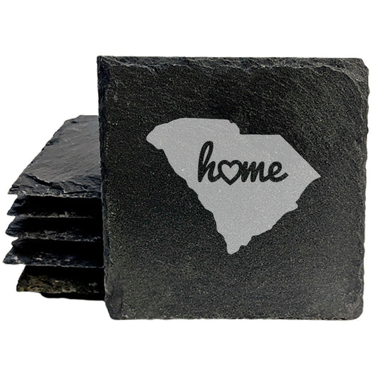 Rustic Slate Coasters Set of 4, Round 4" with South Carolina 'Home' Heart Design, Perfect for Holidays, Birthdays, Housewarming Gifts, She-Shed or Man Cave, Made in Oregon, USA, Natural Edge