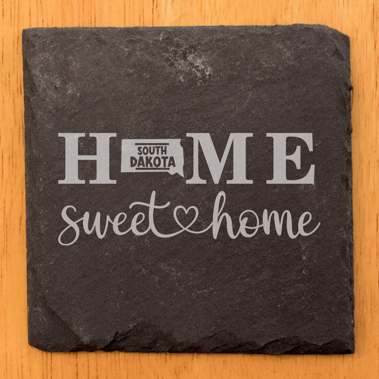 Rustic Slate Coasters Set of 4, Round 4" with 'HOME SWEET HOME' South Dakota Design, Perfect Gift for Holidays, Birthdays, Housewarming, She-Shed, Man Cave, Made in Oregon, USA, Natural Edge