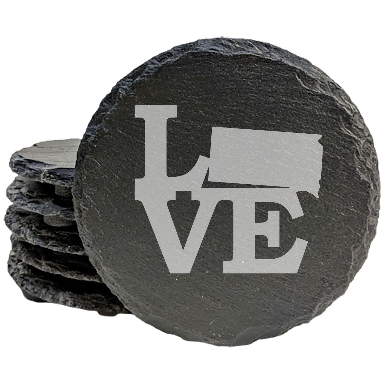 Rustic Slate Coasters Set of 4, Laser Etched 'LOVE' Design with South Dakota, 4" Round, Natural Chipped Edge, Rubber Feet, Perfect Gift for Holidays, Birthdays, Housewarming, Made in USA
