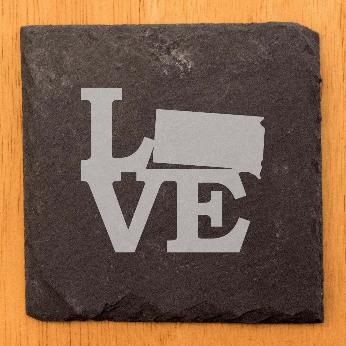 Rustic Slate Coasters Set of 4, Laser Etched 'LOVE' Design with South Dakota, 4" Round, Natural Chipped Edge, Rubber Feet, Perfect Gift for Holidays, Birthdays, Housewarming, Made in USA