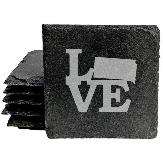 Rustic Slate Coasters Set of 4, Laser Etched 'LOVE' Design with South Dakota, 4" Round, Natural Chipped Edge, Rubber Feet, Perfect Gift for Holidays, Birthdays, Housewarming, Made in USA