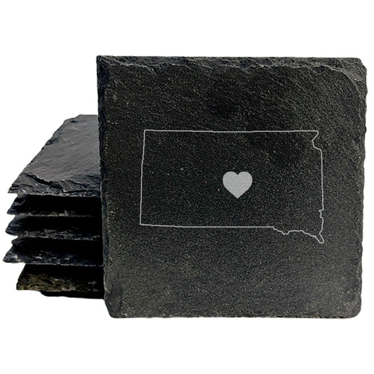 Rustic Slate Coasters Set of 4 - South Dakota Heart Design, 4" Round, Natural Chipped Edge, Rubber Feet,  - Perfect for Holidays, Birthdays, Housewarming - Made in Oregon, USA