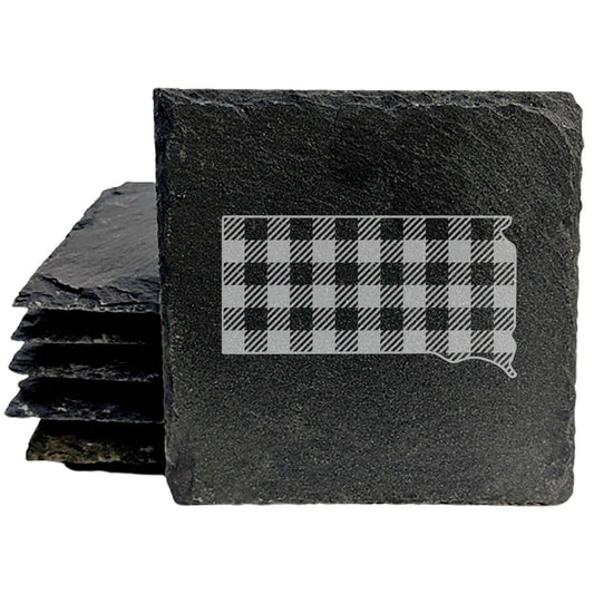 Rustic Slate Coasters Set of 4, Round 4" with South Dakota Plaid Design, Perfect for Holidays, Birthdays, Housewarming Gifts, She-Shed or Man Cave, Made in Oregon, USA, Natural Chipped Edge