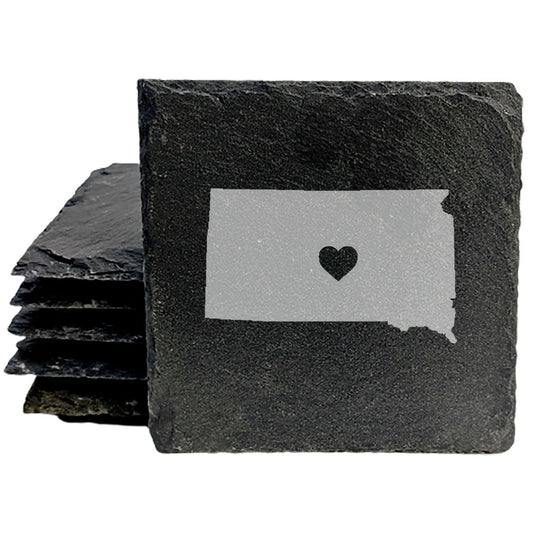 Rustic Slate Coasters Set of 4, Round 4" with South Dakota Heart Design, Perfect for Holidays, Birthdays, Housewarming Gifts, She-Shed or Man Cave, Made in Oregon, USA, Natural Chipped Edge