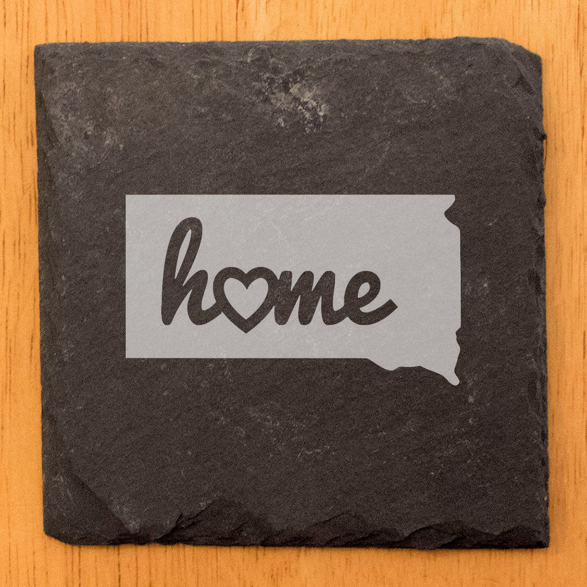 Rustic Slate Coasters Set of 4 - South Dakota 'Home' Design with Heart - Perfect Gift for Holidays, Birthdays, Housewarming - 4" Round, Natural Chipped Edge, Rubber Feet - Made in Oregon, USA
