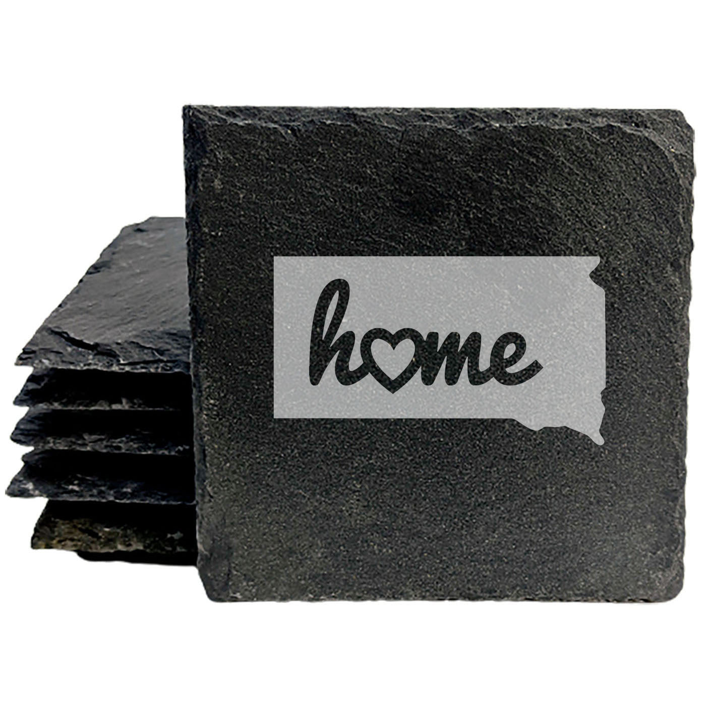 Rustic Slate Coasters Set of 4 - South Dakota 'Home' Design with Heart - Perfect Gift for Holidays, Birthdays, Housewarming - 4" Round, Natural Chipped Edge, Rubber Feet - Made in Oregon, USA