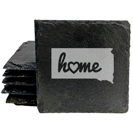 Rustic Slate Coasters Set of 4 - South Dakota 'Home' Design with Heart - Perfect Gift for Holidays, Birthdays, Housewarming - 4" Round, Natural Chipped Edge, Rubber Feet - Made in Oregon, USA