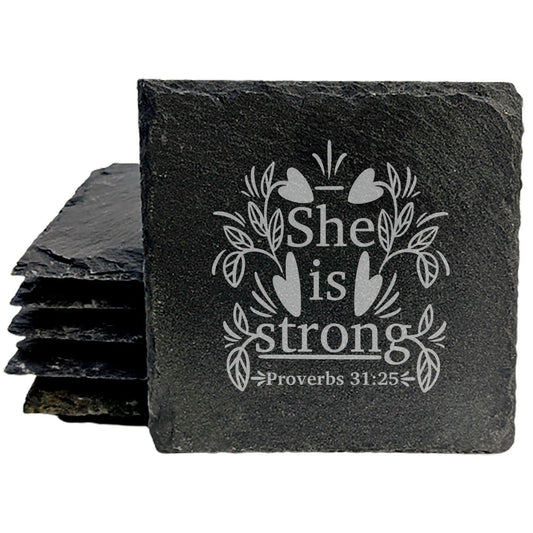 Faith and Hope: Laser Etched Divine Inspiration: Proverbs 31:25 Slate Coasters