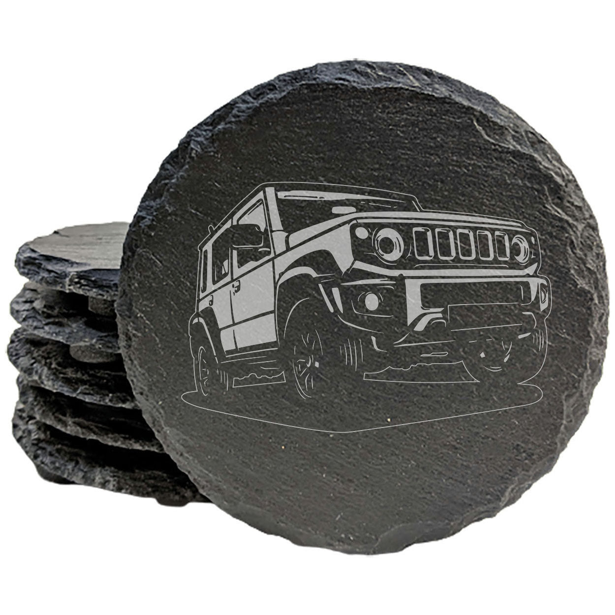 Classic Suzuki Jimny 2 Car Design Rustic Gray Slate Coasters Set of 4 - Laser Etched, Perfect for Holidays, Birthdays &amp; Housewarming Gifts - Round or Square with Natural Chipped Edge &amp; Rubber Feet