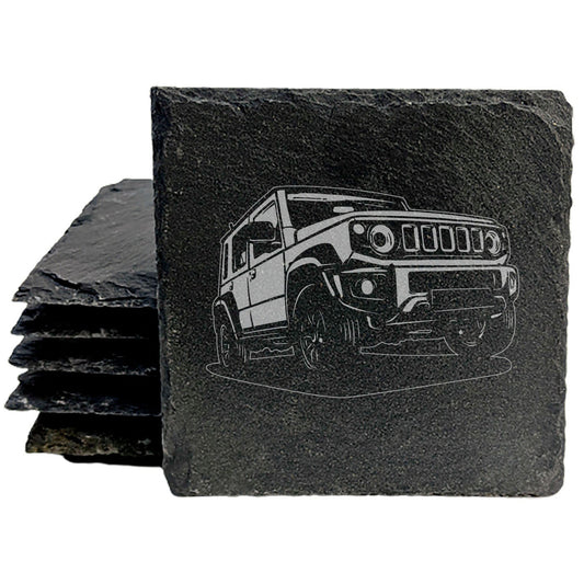 Classic Suzuki Jimny 2 Car Design Rustic Gray Slate Coasters Set of 4 - Laser Etched, Perfect for Holidays, Birthdays &amp; Housewarming Gifts - Round or Square with Natural Chipped Edge &amp; Rubber Feet