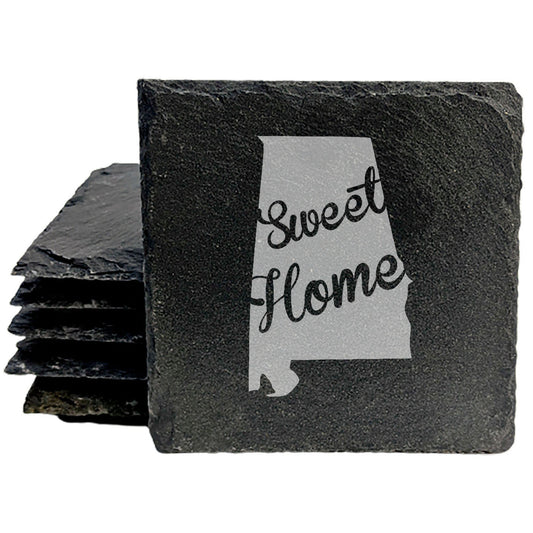 Rustic Slate Coasters Set of 4, Round 4" with 'Sweet Home' Alabama Design, Laser Etched, Perfect for Holidays, Birthdays, Housewarming, She-Shed, Man Cave, Made in Oregon, USA, Gift Boxed