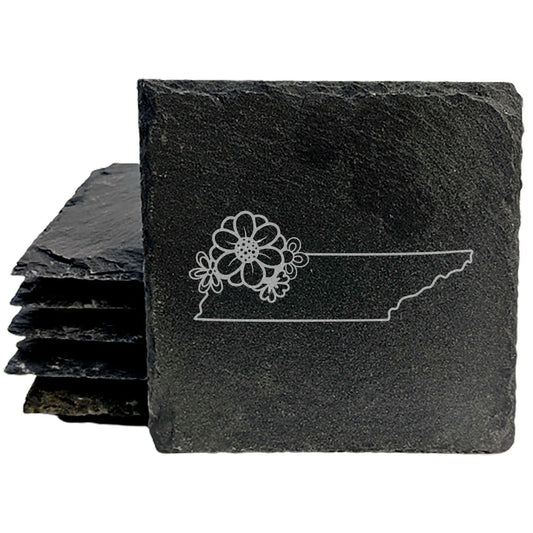 Rustic Slate Coasters Set of 4 - Tennessee State Outline with Flower Design, 4" Round/Square, Natural Chipped Edge, Rubber Feet, , Perfect for She-Shed/Man Cave, Made in Oregon, USA