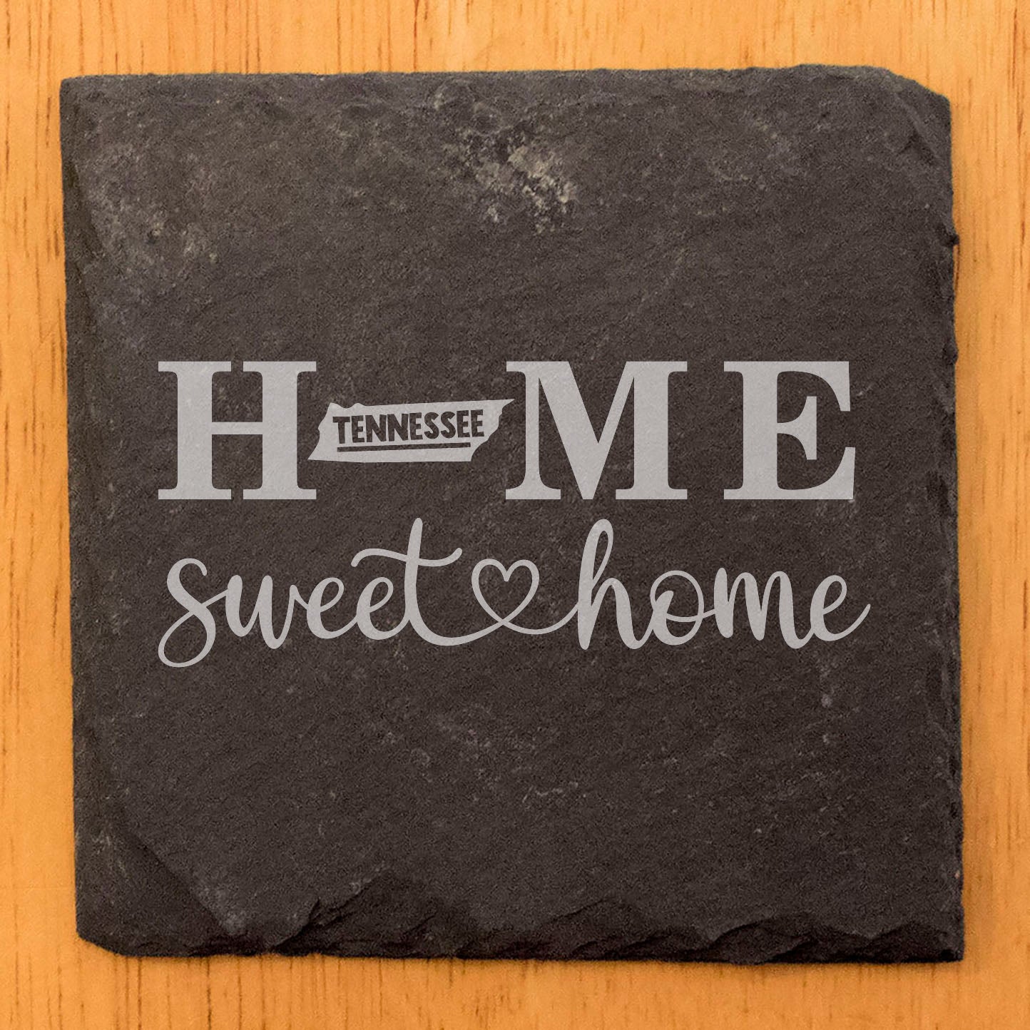 Rustic Slate Coasters Set of 4, Laser Etched 'HOME SWEET HOME' Design, Perfect Gift for Holidays, Birthdays, Housewarming, She-Shed, Man Cave, Made in Oregon, USA, 4" Round, Natural Chipped Edge