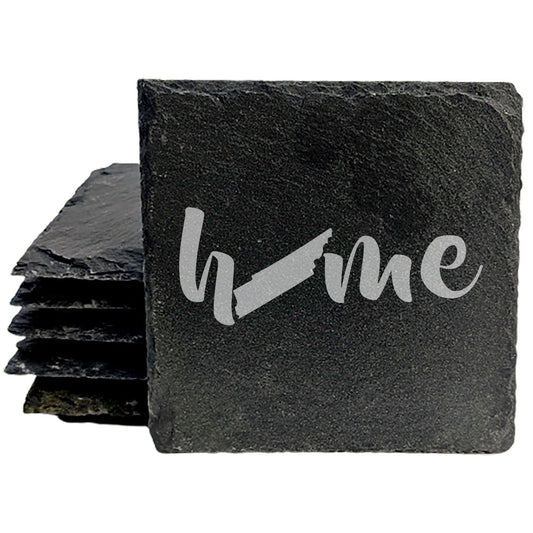 Rustic Slate Coasters Set of 4 - Laser Etched 'Home' Design with Tennessee State - Perfect Gift for Holidays, Birthdays, Housewarming - 4" Round/Square - Made in Oregon, USA - Natural Chipped Edge