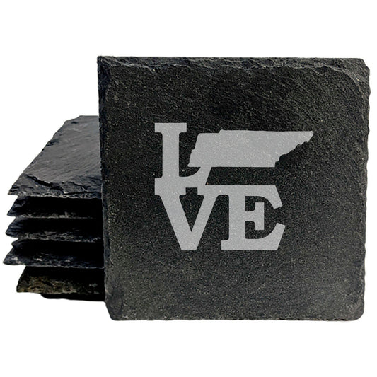 Rustic Slate Coasters Set of 4, Laser Etched 'LOVE' Design with Tennessee State, 4" Round, Natural Chipped Edge, Rubber Feet, , Perfect for Holidays, Birthdays, Housewarming, USA Made