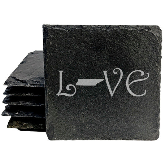 Rustic Slate Coasters Set of 4, Square 4" with 'LOVE' Tennessee Design, Laser Etched, Perfect Gift for Holidays, Birthdays, Housewarming, She-Shed, Man Cave, Made in Oregon, USA, Natural Edge