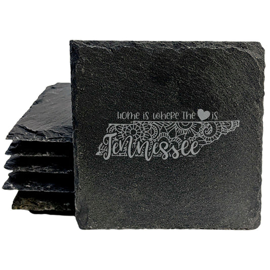 Rustic Slate Coasters Set of 4, Round 4" with Tennessee Mandala Design, 'Home is Where the Heart Is' Quote, Perfect Gift for Holidays, Birthdays, Housewarming, Made in Oregon, USA, Small Business