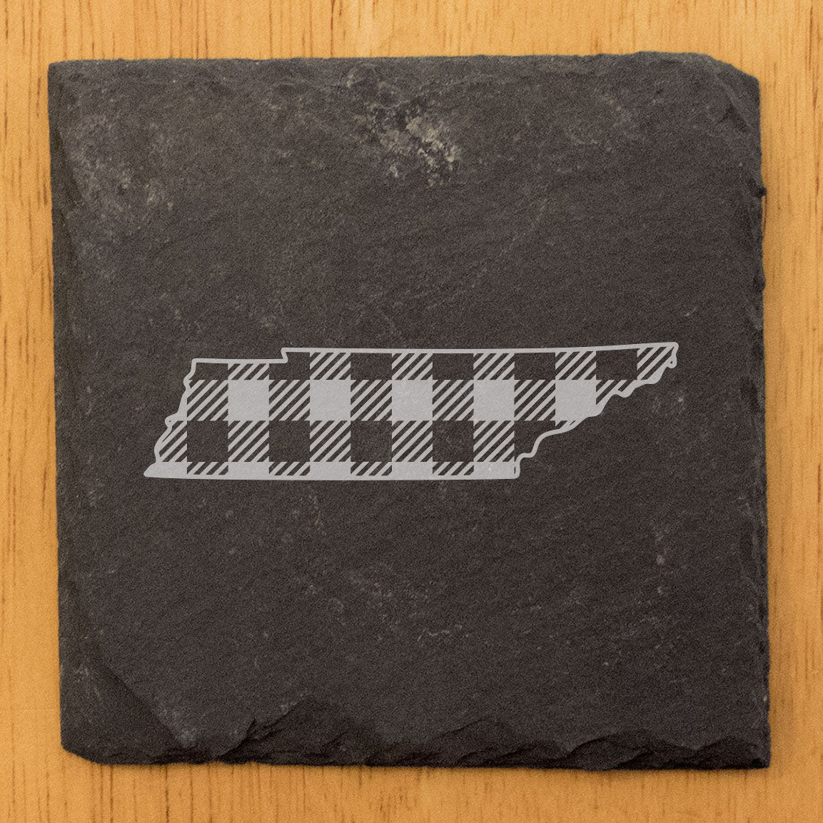 Rustic Slate Coasters Set of 4, Round 4" with Tennessee Plaid Design, Laser Etched, Natural Chipped Edge, Rubber Feet, , Perfect for Holidays, Birthdays, Housewarming, Made in USA