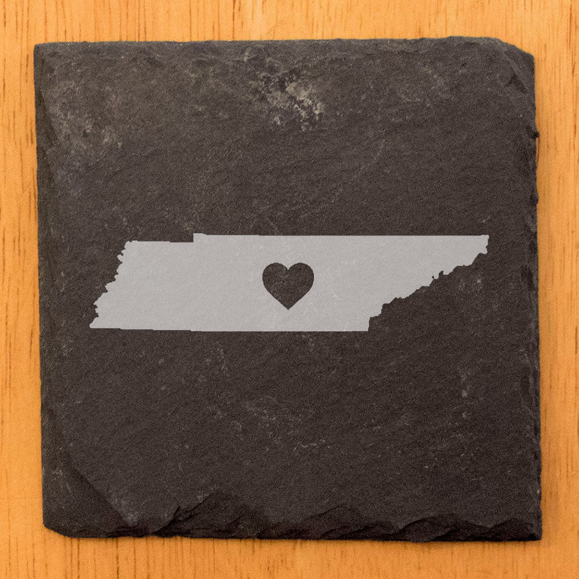 Rustic Slate Coasters Set of 4, Round 4" with Tennessee Heart Design, Laser Etched, Perfect for Holidays, Birthdays, Housewarming Gifts, Made in Oregon, USA, Natural Chipped Edge, Rubber Feet