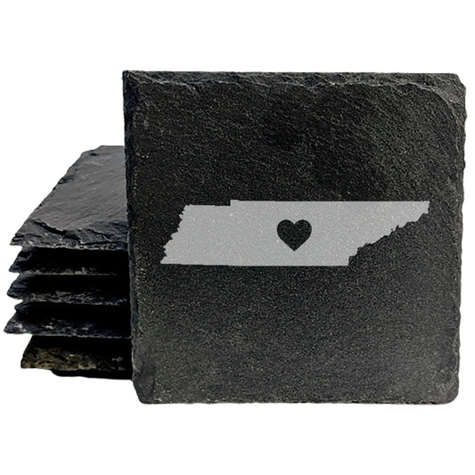 Rustic Slate Coasters Set of 4, Round 4" with Tennessee Heart Design, Laser Etched, Perfect for Holidays, Birthdays, Housewarming Gifts, Made in Oregon, USA, Natural Chipped Edge, Rubber Feet