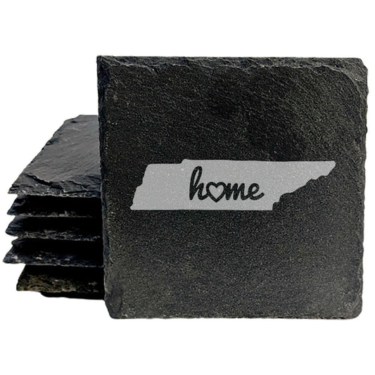 Rustic Slate Coasters Set of 4, Round 4" with Tennessee 'Home' Heart Design, Perfect for Holidays, Birthdays, Housewarming Gifts, She-Shed or Man Cave, Made in Oregon, USA, Natural Chipped Edge