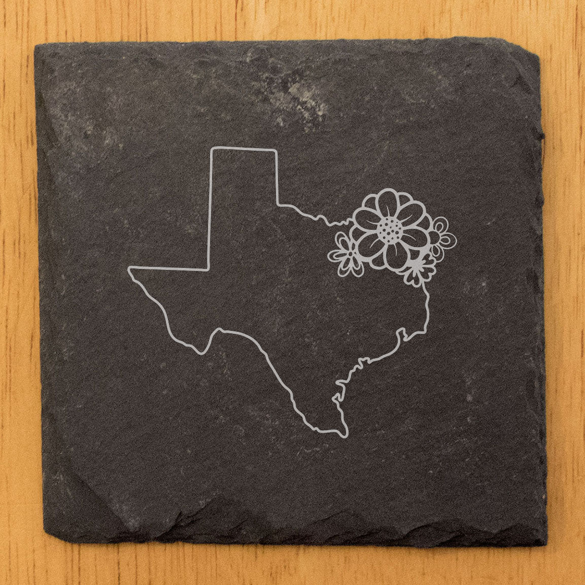 Rustic Slate Coasters Set of 4 - Texas Outline Design with Flower - Perfect Gift for Holidays, Birthdays, Housewarming - 4" Round/Square - Made in Oregon, USA - Natural Chipped Edge &amp; Rubber Feet