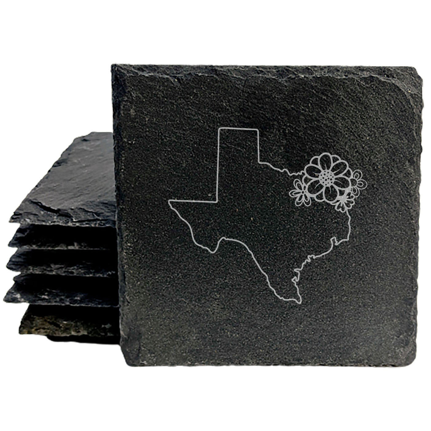 Rustic Slate Coasters Set of 4 - Texas Outline Design with Flower - Perfect Gift for Holidays, Birthdays, Housewarming - 4" Round/Square - Made in Oregon, USA - Natural Chipped Edge &amp; Rubber Feet