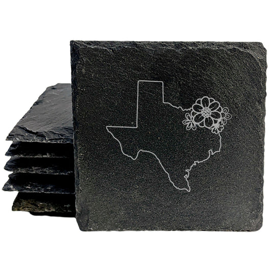 Rustic Slate Coasters Set of 4 - Texas Outline Design with Flower - Perfect Gift for Holidays, Birthdays, Housewarming - 4" Round/Square - Made in Oregon, USA - Natural Chipped Edge &amp; Rubber Feet