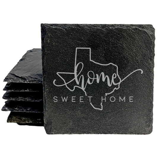 Rustic Slate Coasters Set of 4, Round 4" with Texas 'Home Sweet Home' Design, Perfect Gift for Holidays, Birthdays, Housewarming, She-Shed, Man Cave, Made in Oregon, USA, Natural Chipped Edge