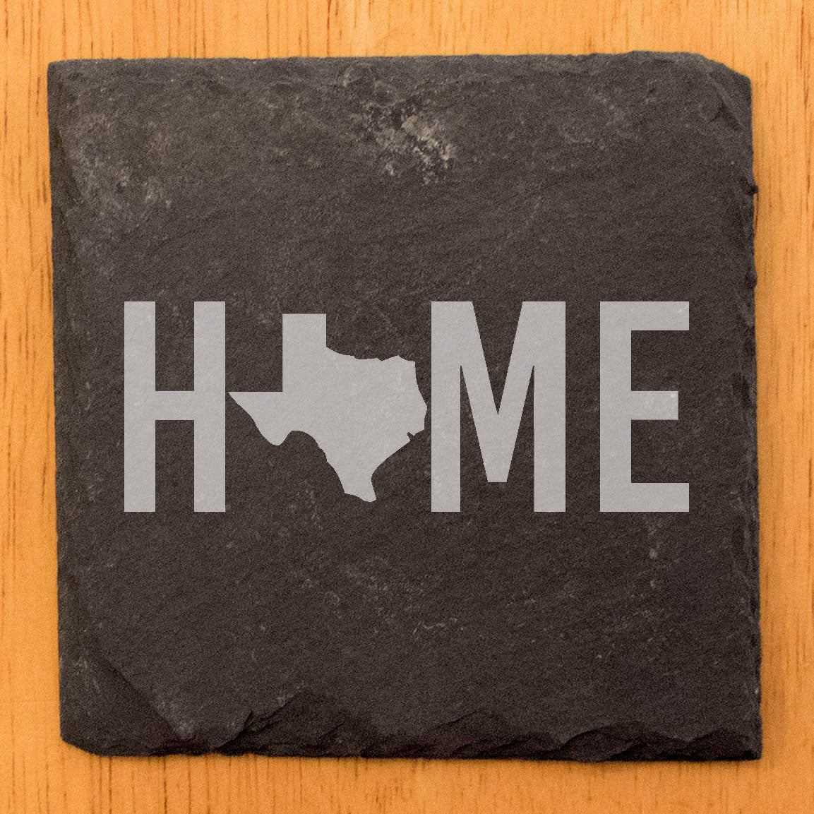 Rustic Slate Coasters Set of 4, Laser Etched 'HOME' Texas Design, 4" Round, Natural Chipped Edge, Rubber Feet, , Perfect for Holidays, Birthdays, Housewarming, Made in Oregon, USA