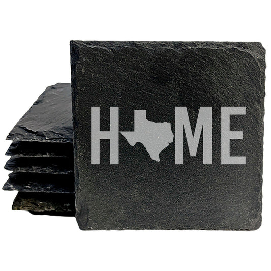 Rustic Slate Coasters Set of 4, Laser Etched 'HOME' Texas Design, 4" Round, Natural Chipped Edge, Rubber Feet, , Perfect for Holidays, Birthdays, Housewarming, Made in Oregon, USA