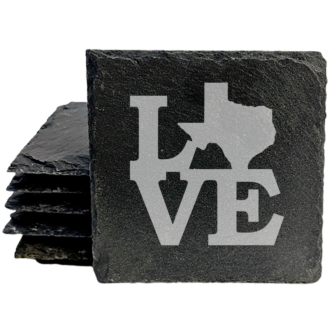 Rustic Slate Coasters Set of 4, Round 4" with 'LOVE' Texas Design, Laser Etched, Perfect for Holidays, Birthdays, Housewarming Gifts, Made in Oregon, USA, Natural Chipped Edge, Rubber Feet