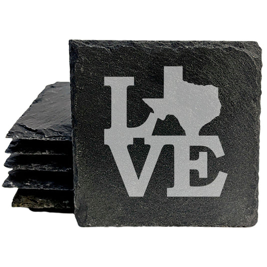 Rustic Slate Coasters Set of 4, Round 4" with 'LOVE' Texas Design, Laser Etched, Perfect for Holidays, Birthdays, Housewarming Gifts, Made in Oregon, USA, Natural Chipped Edge, Rubber Feet