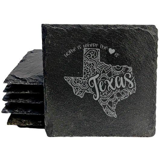 Rustic Slate Coasters Set of 4, Round 4" with Texas Mandala Design, 'Home is Where the Heart Is' Quote, Perfect for Holidays, Birthdays, Housewarming, She-Shed, Man Cave, Made in Oregon, USA