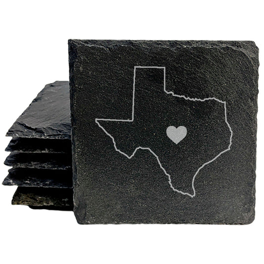 Rustic Slate Coasters Set of 4 - Texas Heart Design, 4" Round, Natural Chipped Edge, Rubber Feet,  - Perfect for Holidays, Birthdays, Housewarming - Made in Oregon, USA