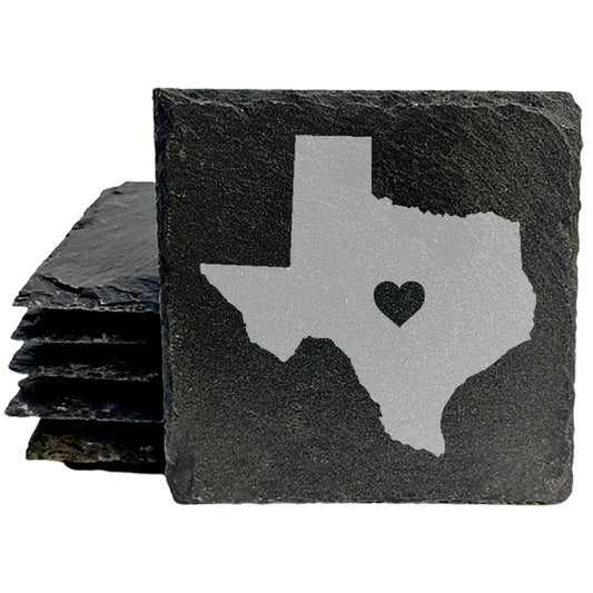 Rustic Slate Coasters Set of 4, Texas Heart Design, 4" Round, Laser Etched, Natural Chipped Edge, Rubber Feet, , Perfect for Holidays, Birthdays, Housewarming, Made in Oregon, USA