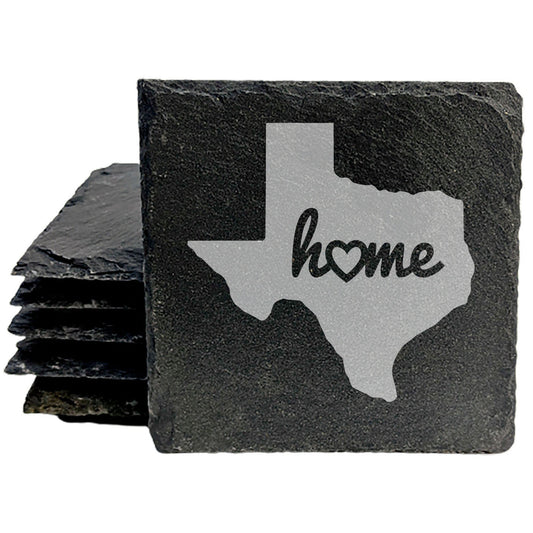 Rustic Slate Coasters Set of 4, Round 4" with Texas 'Home' Heart Design, Perfect for Holidays, Birthdays, Housewarming Gifts, She-Shed or Man Cave, Made in Oregon, USA, Natural Chipped Edge