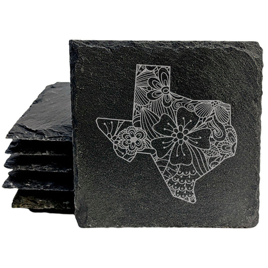 Rustic Slate Coasters Set of 4, Texas Floral Design, 4" Round, Natural Chipped Edge, Rubber Feet, , Perfect for Holidays, Birthdays, Housewarming, She-Shed, Man Cave, Made in USA
